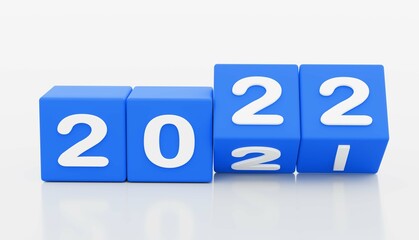 blue dices 2022 New year change, turn. 2022 start 2021 end, dice isolated against white background. 3d illustration