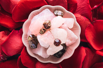 Bowl of Rose Quartz and Garnet with Red Rose Petals