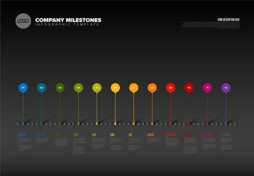 Infographic Full Year Timeline Layout Made from Color Droplet Pointers on Dark Background