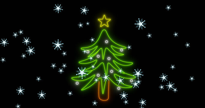 Image of neon christmas tree over snow falling on black background at christmas