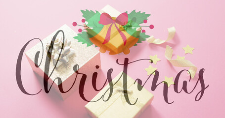 Image of christmas text over christmas gifts