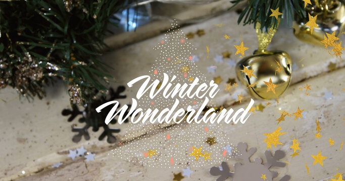 Image Of Winter Wonderland Text Over Christmas Decorations