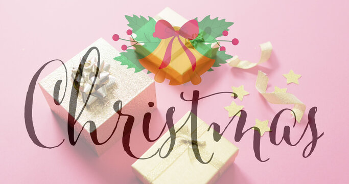Image of christmas text over christmas gifts