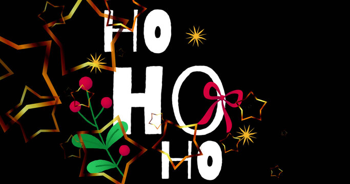 Image of ho ho ho text over falling stars