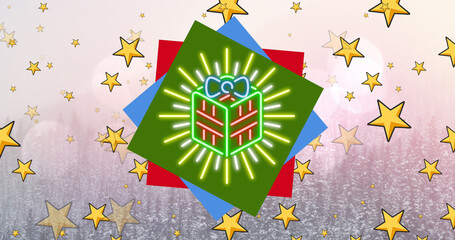 Image of neon christmas gift over falling stars