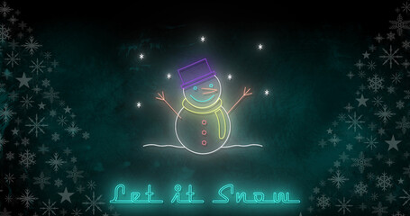 Image of let it snow text at christmas over snowman and winter scenery