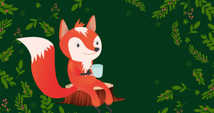 Image of fox with cup at christmas over leaves