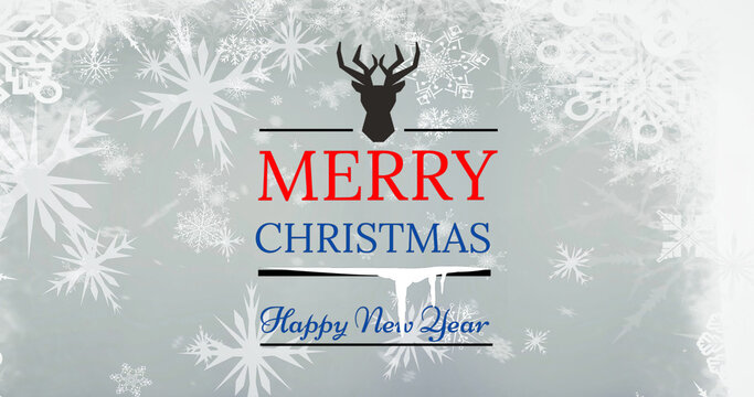 Image of merry christmas and happy new year text over snow falling