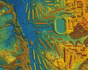 Digital elevation model. GIS 3D illustration made after proccesing aerial pictures taken from a drone. It shows lidar scanned, huge urban area of a city with roads and junctions between dense blocks