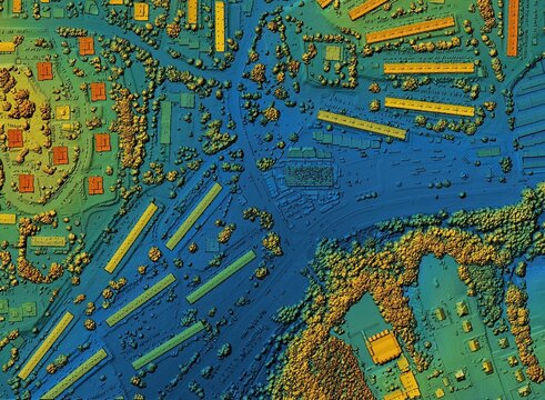 Digital Elevation Model. GIS 3D Illustration Made After Proccesing Aerial Pictures Taken From A Drone. It Shows Lidar Scanned, Huge Urban Area Of A City With Roads And Junctions Between Dense Blocks