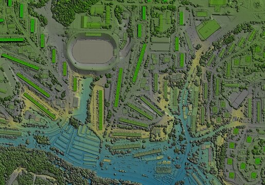Digital elevation model. GIS 3D illustration made after proccesing aerial pictures taken from a drone. It shows lidar scanned, huge urban area of a city with roads and junctions between dense blocks