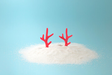 Santas reindeer horns in the snow on the pastel blue background. Front lay. Creative minimal xmas concept idea