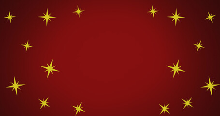 Image of christmas stars falling on red background