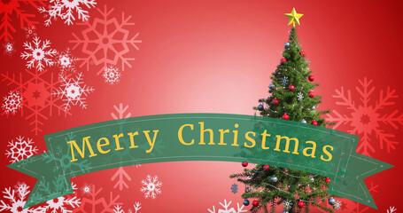Image of merry christmas text over christmas tree and snow falling