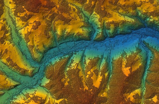 Digital elevation model. GIS 3D illustration made after proccesing aerial pictures taken from a drone. It shows the urban area of a scattered narrow village set in a valley