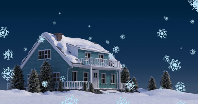 Image of christmas snowflakes falling over snow covered house and garden