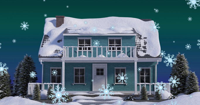 Image of christmas snowflakes falling over snow covered house and garden