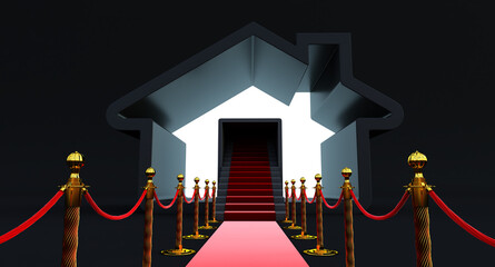3d render of house frame icon isolated on black background, Minimal 3D home and house symbol with stair and red carpet