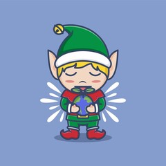 cute cartoon christmas elf with globe and plant buds. vector illustration for mascot logo or sticker