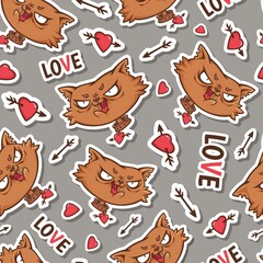 Seamless pattern with funny red cat in love. Texture with cartoon character for valentine's day