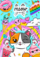 Obraz na płótnie Canvas cute colorful postcard template with cat and kawaii sweets. card or birthday invitation vector