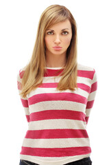 Doubt.Young woman thinking.Portrait of displeased young girl .