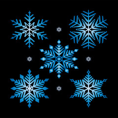 Fototapeta na wymiar Blue Snowflakes Set. Symbol of winter, Christmas, New Year holiday. Blue silhouette on black background. Vector illustration.