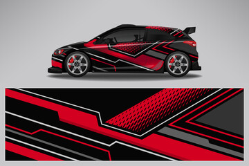 Obraz premium Car wrap design race livery vehicle vector. Graphic abstract stripe racing background kit designs for vehicle, race car, rally, adventure and livery