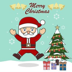 Cute cartoon santa claus jumping with joy to welcome Christmas, snowfall, Christmas tree, gift box. Merry Christmas. Vector illustration for mascot, sticker, greeting card, Christmas card
