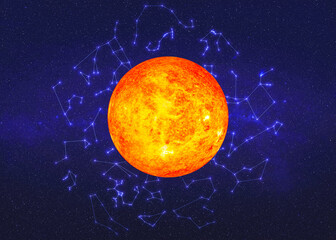 Sun in outer space with zodiac constellations on the background. 3D render illustration. Science fiction. Elements of this image were furnished by NASA