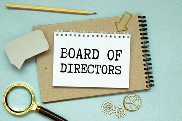BOARD OF DIRECTORS, text on white paper on a gray background near a coffee cup.