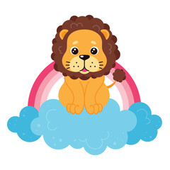 Cute little lion cub smiling and sitting on blue clouds with rainbow. Wildlife Animal king.