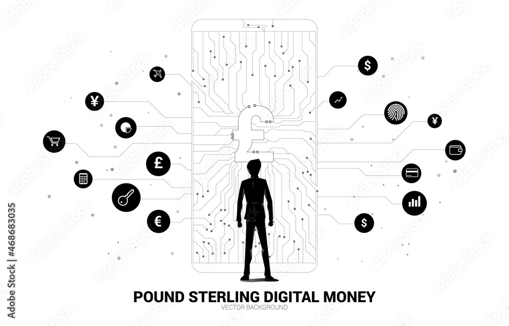 Poster vector silhouette of businessman and money pound sterling icon in mobile phone screen from dot conne