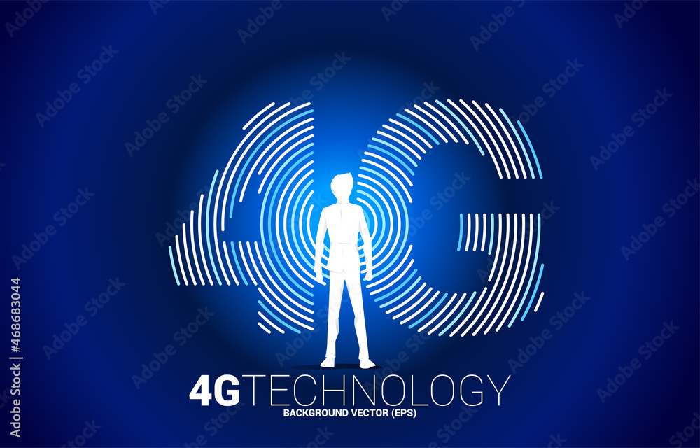 Poster Vector Silhouette of businessman and 4G signal ripple line mobile network. Concept for mobile phone data sim card technology.