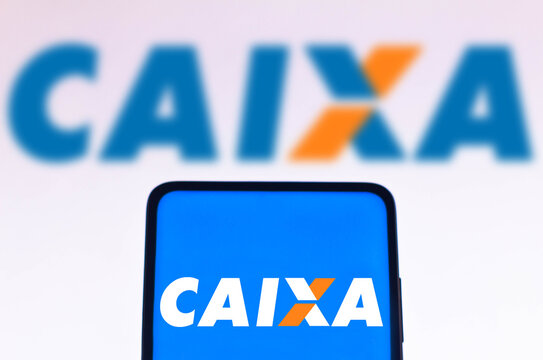 November 11, 2021, Brazil. In this photo illustration the Caixa Econômica Federal (CEF) logo seen displayed on a smartphone screen and in the background.