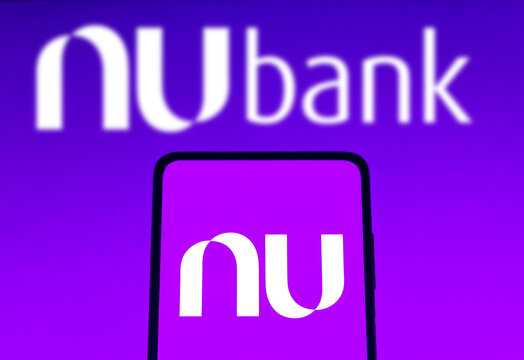 November 11, 2021, Brazil. In this photo illustration the Nubank logo seen displayed on a smartphone screen and in the background.