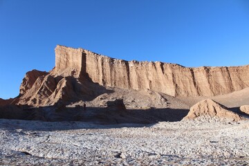 View of the Amphitheater at Moon Valley (Spanish: Valle de La Luna ) on a sunny day on the Atacama Desert, Chile, South America.