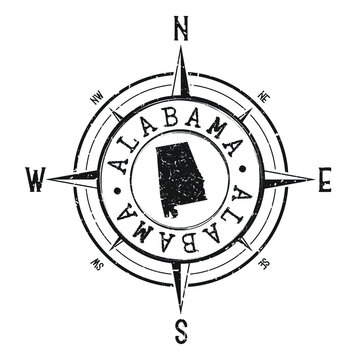 Alabama, USA Stamp Map Compass Adventure. Illustration Travel Country Symbol. Seal Expedition Wind Rose Icon.