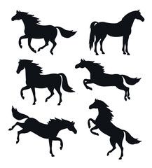 Vector set bundle of flat horse poses silhouette isolated on white background
