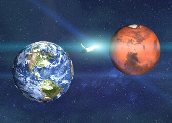 Space shuttle flight from Earth to Mars planets of solar system in deep blue space with lens flare. Mars exploration mission. 3D render illustration. Elements of this image were furnished by NASA