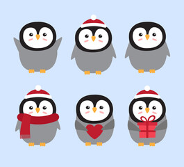 Vector set of flat cartoon different penguin isolated on pink background