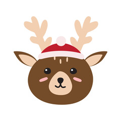 Obraz na płótnie Canvas Vector flat cartoon doodle deer face in Christmas hat isolated on white background