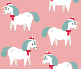 Vector seamless pattern of flat cartoon Christmas unicorn isolated on pink background