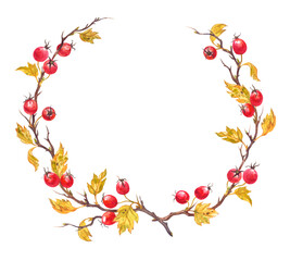 Round frame of hawthorn branches with berries and autumn leaves, watercolor clipart, isolated on white background, for Happy Thanksgiving greeting cards and other designs.