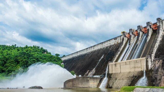 Timelapse of Khun Dan Prakan Chon Dam is a large concrete dam that is releasing water in the rainy season. Address in Nakhon Nayok Province, Thailand