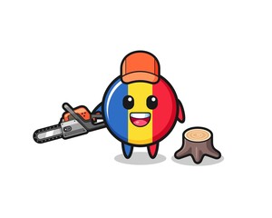 Naklejka premium romania flag lumberjack character holding a chainsaw