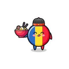 romania flag as Chinese chef mascot holding a noodle bowl