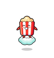 cute popcorn illustration riding a floating cloud