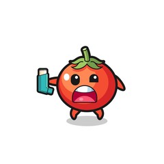 tomatoes mascot having asthma while holding the inhaler