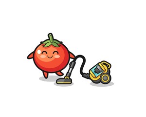cute tomatoes holding vacuum cleaner illustration